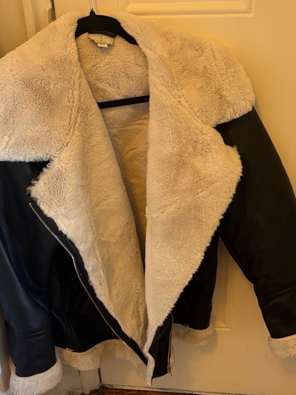 Joie Black Leather Jacket with Cream Shearling Trim